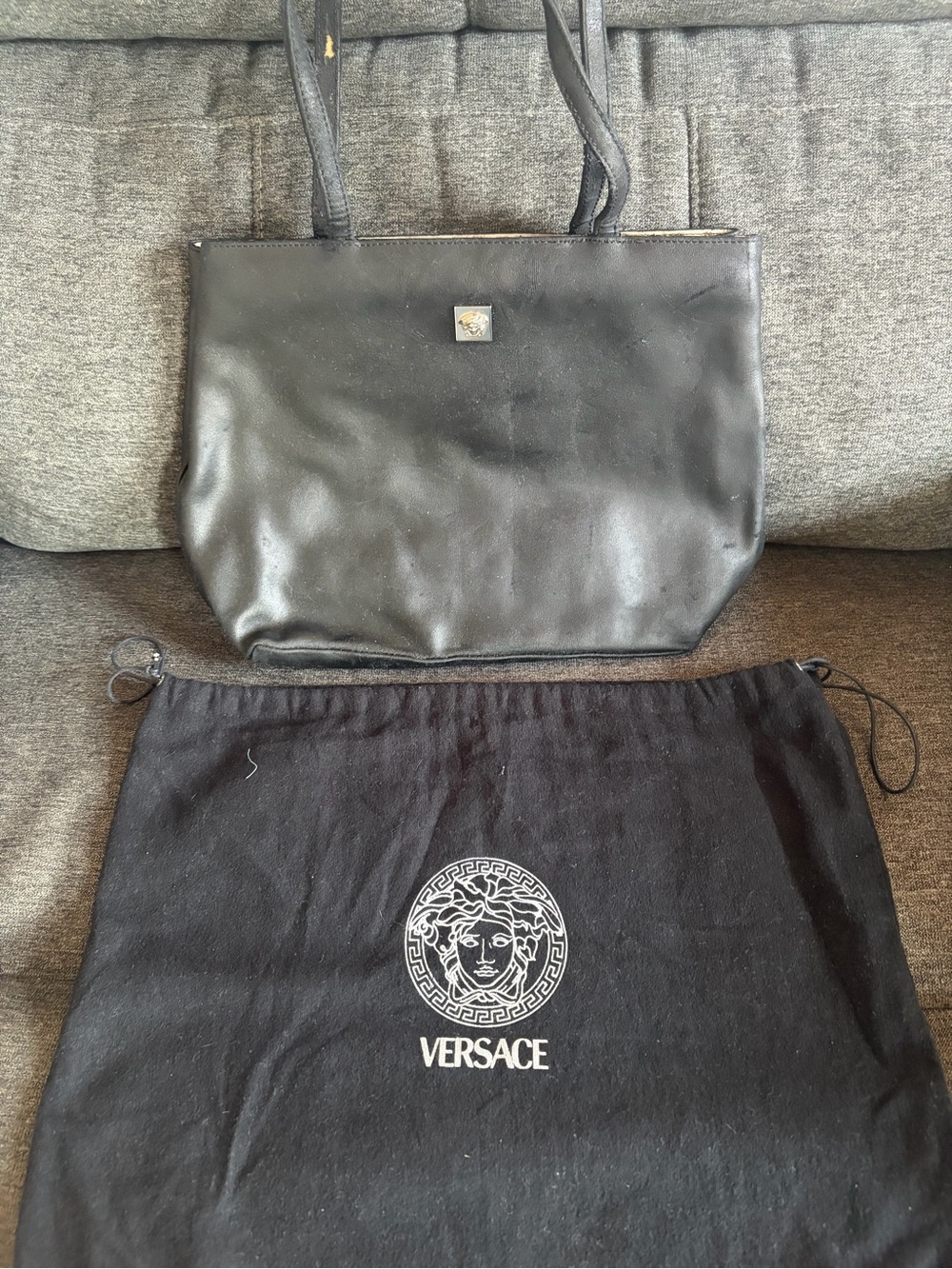 Distressed Versace Black Leather Tote with Medusa Plaque
